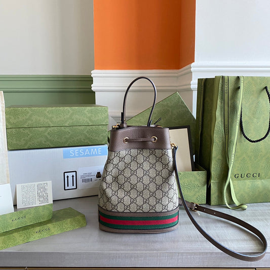 GC Ophidia small bucket bag Beige/ebony GG Supreme canvas